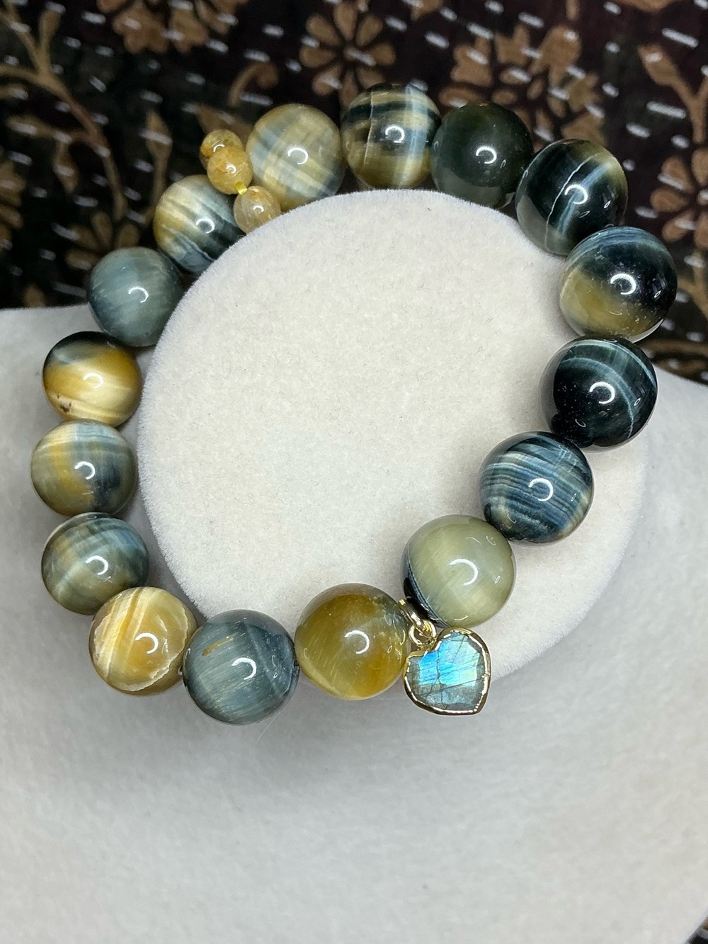 Dream Tigers Eye with Gold Rutilated Quartz Ring and Labradorite Heart Charm